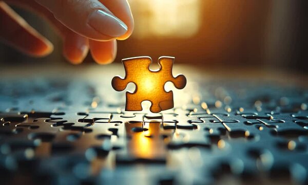 Close-up of a hand placing a glowing puzzle piece into a larger puzzle on a wooden surface at sunset