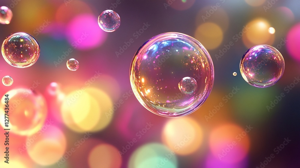 Poster floating iridescent bubbles with bokeh lights create a dreamy background