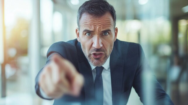 Accusation and Authority: A stern-faced businessman in a sharp suit points directly at the viewer with an accusatory gaze, creating a strong sense of disapproval. 