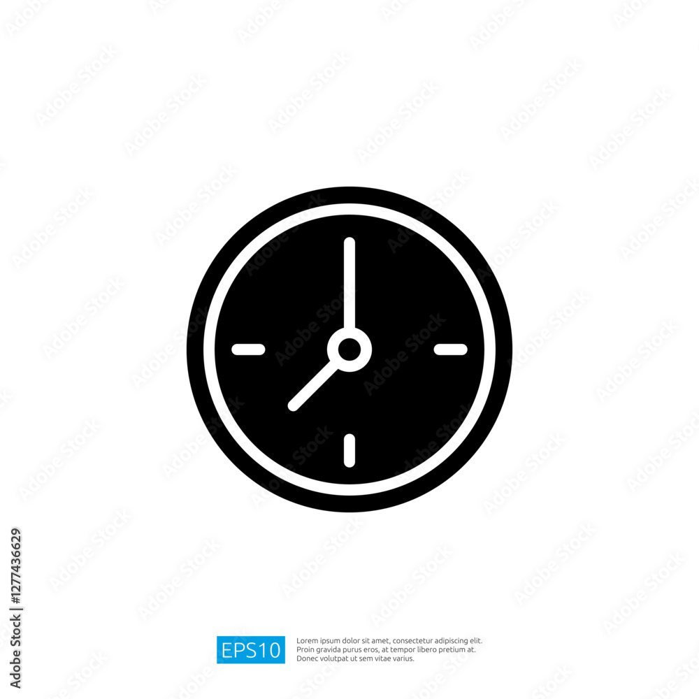 Poster black icon of a round clock representing time with hour and minute hands on a minimalist white backg