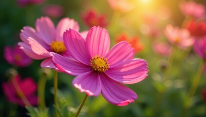 Fototapeta premium Intricate cosmos petals unfurl in a sunny garden , background, autumn