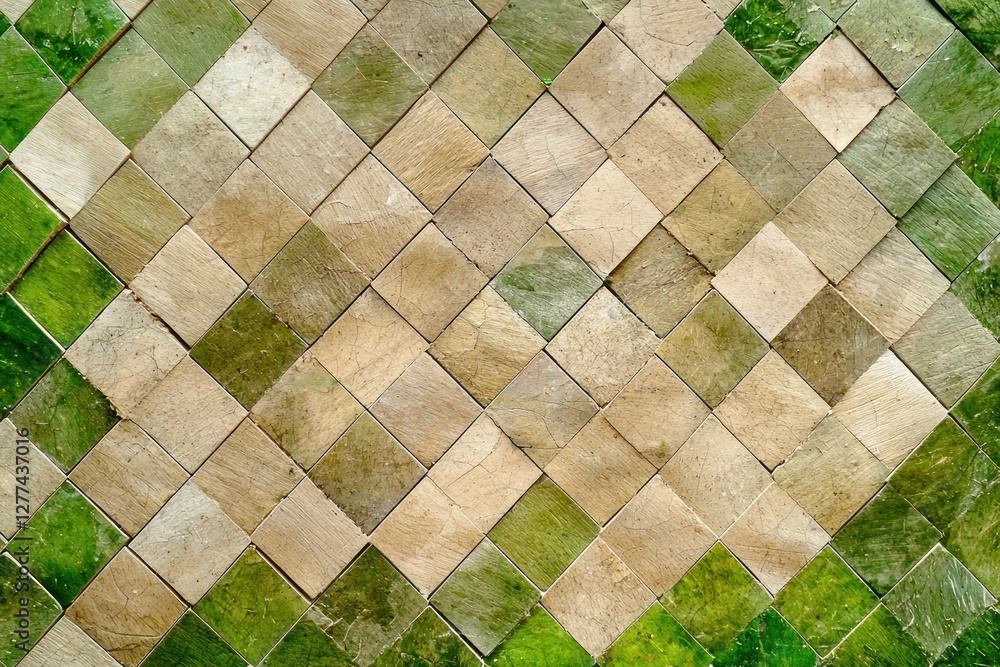 Poster geometric mosaic pattern of green and beige square tiles creating a textured background with a natur