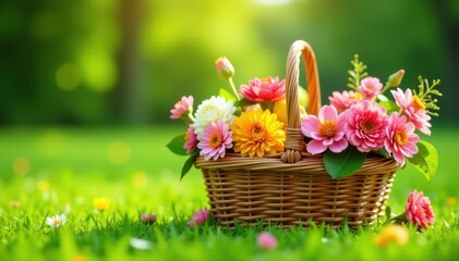 Spring picnic basket, vibrant flowers, green grass, picnic, sunlight