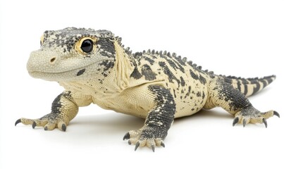 Obraz premium A close-up of a unique lizard with detailed textures and colors, posed on a white background