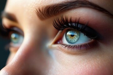 Naklejka premium Close-up of captivating eyes with full extensions and defined makeup , eyeliner, beauty