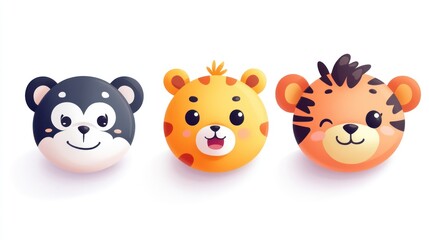Cute cartoon animal heads, adorable bear, tiger, and leopard faces.