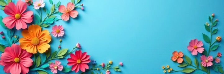 Colorful paper cut floral arrangement on blue, copy space, bright, colorful