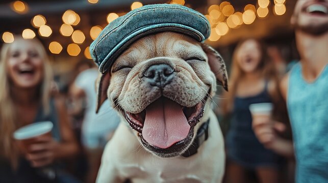 Happy puppy wearing a cap at a party.