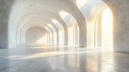 Serene interior of a modern architectural space with arched windows and soft lighting