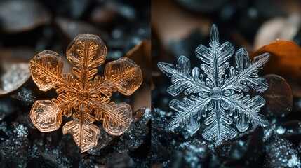 Two detailed close-up shots of unique snowflakes on dark ground.