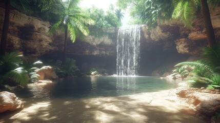 Lush tropical waterfall cascading into a serene pool, surrounded by vibrant greenery and sunlight.