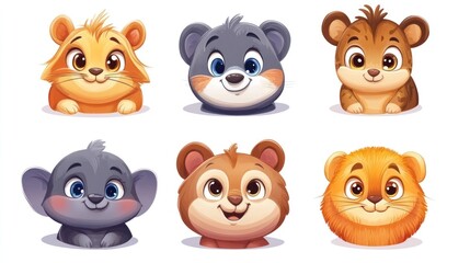 Obraz premium Cute cartoon animal heads, childlike style, various species, playful expressions.
