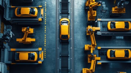 Top view, Car production line with robot arms in a car factory, photo of a modern automotive plant using robotic arms to build cars on the assembly lines,
