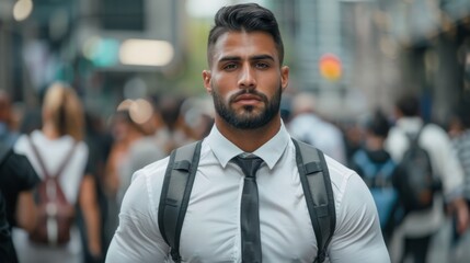 Obraz premium A Confident Man Amidst the Crowd: This striking image captures a determined man in a business outfit confidently navigating a crowded street, exuding an aura of focus and ambition.