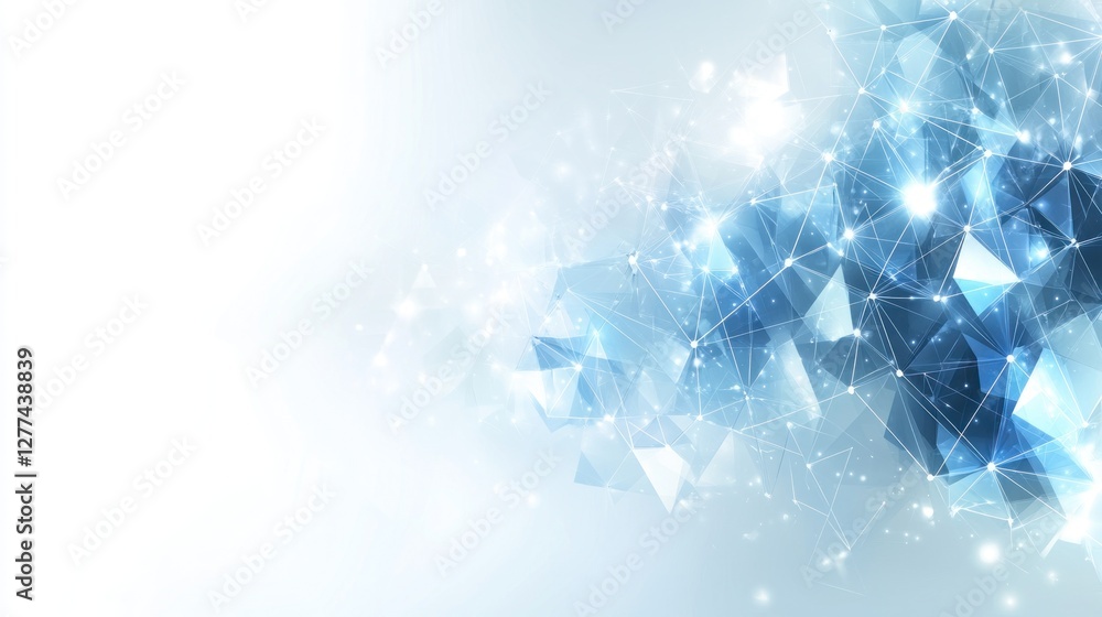 Poster abstract blue geometric background with connecting lines and glowing particles.