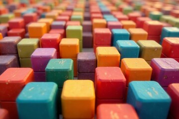 Rows of vibrant wooden blocks, parallel arrangement, colorful background, symmetry, geometric, creativity