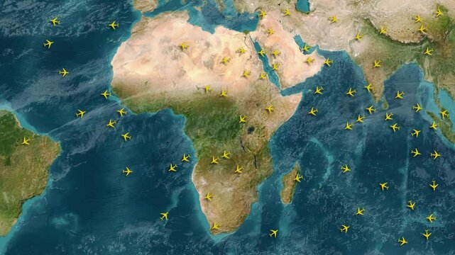 Airplane traffic over Africa. Radar showing the movement of yellow colored airplanes, over various countries and continents.