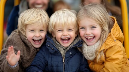 Fototapeta premium Joyful Trio: Three adorable children, radiating pure happiness, giggle together, creating a captivating scene of innocent delight.