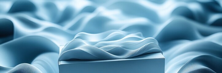 Fototapeta premium Abstract blue fabric waves on cube.