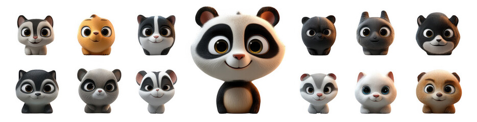 Obraz premium Cute animal cartoon characters featuring panda and various other animals on transparency background, showcasing playful expressions and vibrant designs