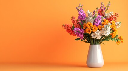 Naklejka premium Colorful snapdragon bouquet in white vase against orange background.