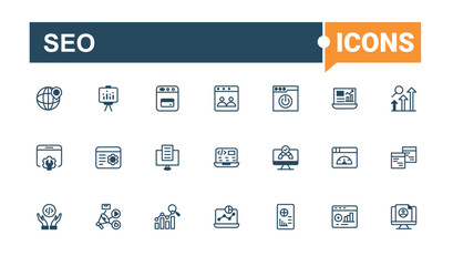 SEO set of modern icons. Featuring strategy, internet, commerce, search, digital, management, start and more. Line symbol. Editable stroke icon collections.