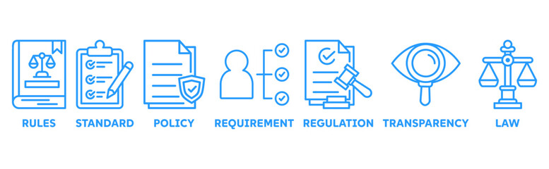 Compliance icons set with icon of rules, standards, policies, requirements, regulation, transparency, and law 