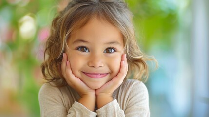 A Child's Serene Smile: A young child, her eyes sparkling with innocent joy, rests her face on her hands and gazes directly at the camera. captured the pure innocence and happiness.