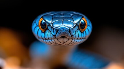 Fototapeta premium Close-up of a vibrant blue snake with striking orange eyes, facing the camera directly.