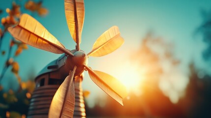 Close-up of a miniature windmill at sunset, with blurred background of trees and flowers.