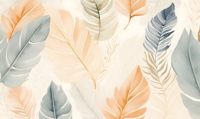 Seamless background with watercolour bright leaves. pastel illustration of tropical leaves. 