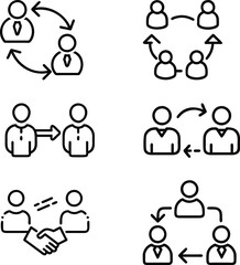 This image contains a set of thin line business collaboration icons, representing teamwork, communication, partnership, and professional connections. The icons include handshake symbols, people exchan