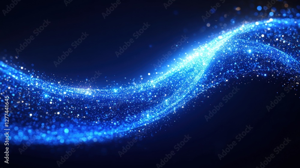 Poster abstract blue glowing wave with sparkling particles on dark background.