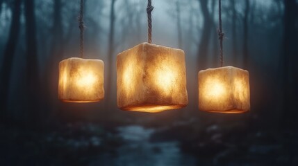 Three glowing cube lanterns hang in a misty forest.