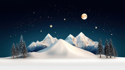 Fototapeta premium Snowy mountains under a full moon and starry night sky.
