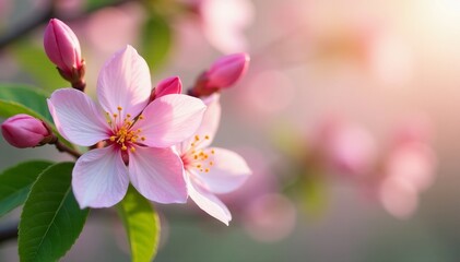 Soft focus of delicate pastel-colored petals of spring blossoms against green leaves, flowers, blossoms, soft focus