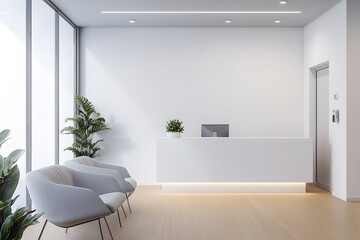 Fototapeta premium Modern Office Reception Area with Seating and White Reception Desk
