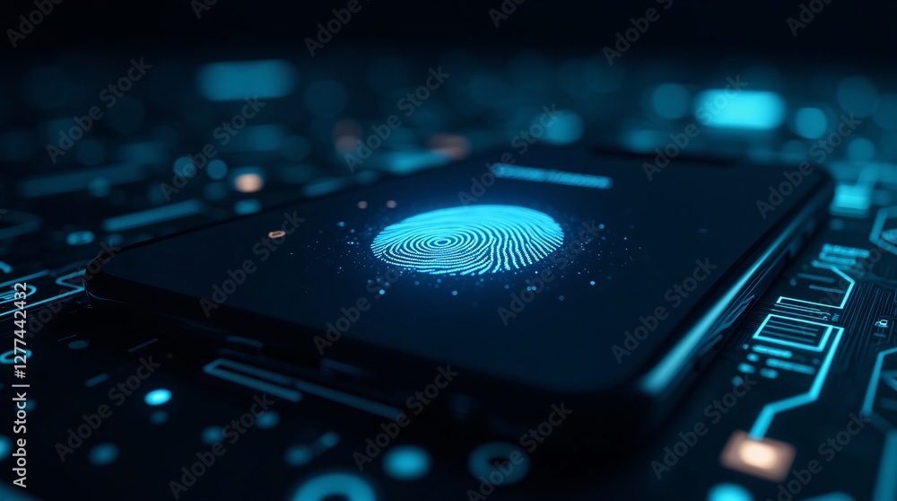 Poster cybersecurity: a glowing fingerprint on a smartphone screen, rests on a circuit board, representing 