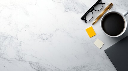 Workspace essentials: A bird's-eye view of a minimalist workspace, featuring a steaming coffee cup, eyeglasses, pen, and sticky notes, against a pristine marble backdrop.
