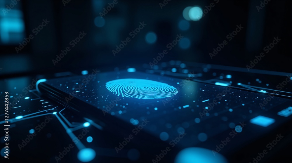 Poster glowing fingerprint on futuristic tech surface. cybersecurity, digital identity, and biometric authe