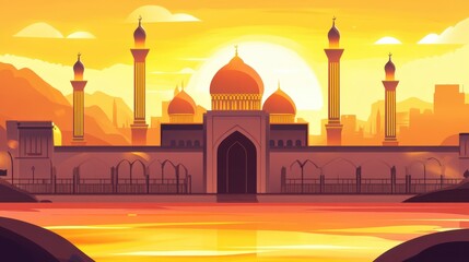 Naklejka premium Stunning Sunset Over Majestic Mosque with Reflective Water Surface