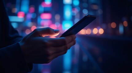 City lights blur as fingers glide across a phone screen at night, a digital connection in the urban glow.