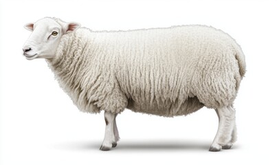 Fototapeta premium A fluffy white sheep standing on a plain background, showcasing its woolly texture and features