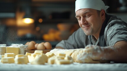 Happy baker kneading dough with butter and flour on a table.