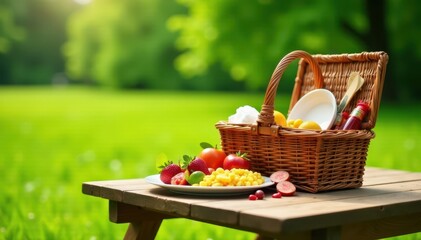 Full picnic basket and spread on wooden table in green field , summer, spring