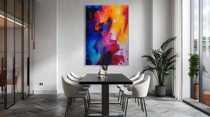 A modern dining room with a black table, white chairs, and a large abstract painting on the wall in
