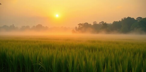 Fototapeta premium Misty dawn on a rice field landscape with soft golden light filtering through, golden hour, rice field, dawn