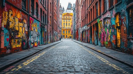 Fototapeta premium Narrow cobblestone street with colorful graffiti on brick buildings.