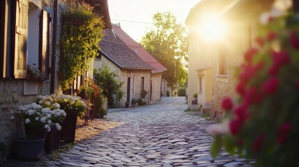 Video generation of a quiet village street lined with cobblestone and charming cottages. Featuring quaint charm and rustic beauty