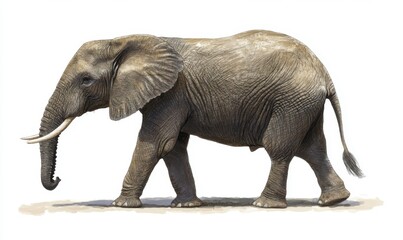 Fototapeta premium A majestic elephant walking gracefully across a sandy landscape with a clear blue sky in the background